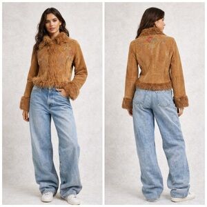 Vintage Y2K XOXO Tan Suede Jacket Faux Fur Trim Embroidered Floral Boho Women’s